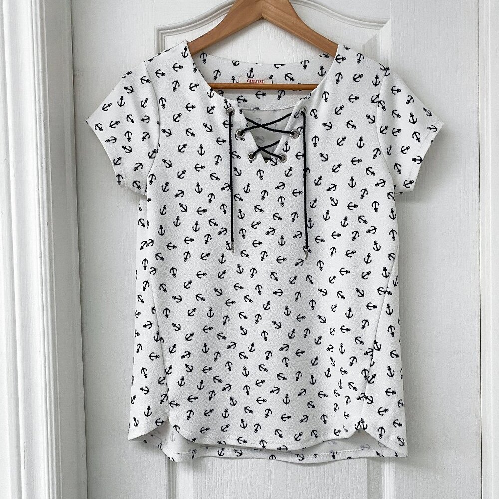 Camaïeu White Anchor Print Lace-Up Blouse Medium